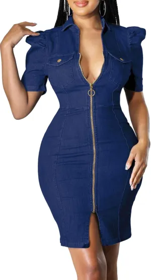 Denim Dress for Women Bodycon Sexy Short Sleeve Jean Split Workwear Dresses with Zipper Club Party Night