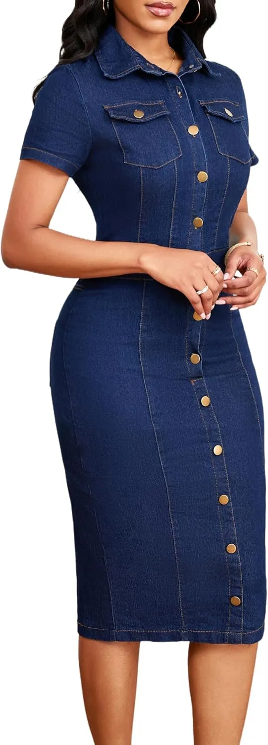 Denim Dress for Women Bodycon Sexy Short Sleeve Jean Split Workwear Dresses with Zipper Club Party Night