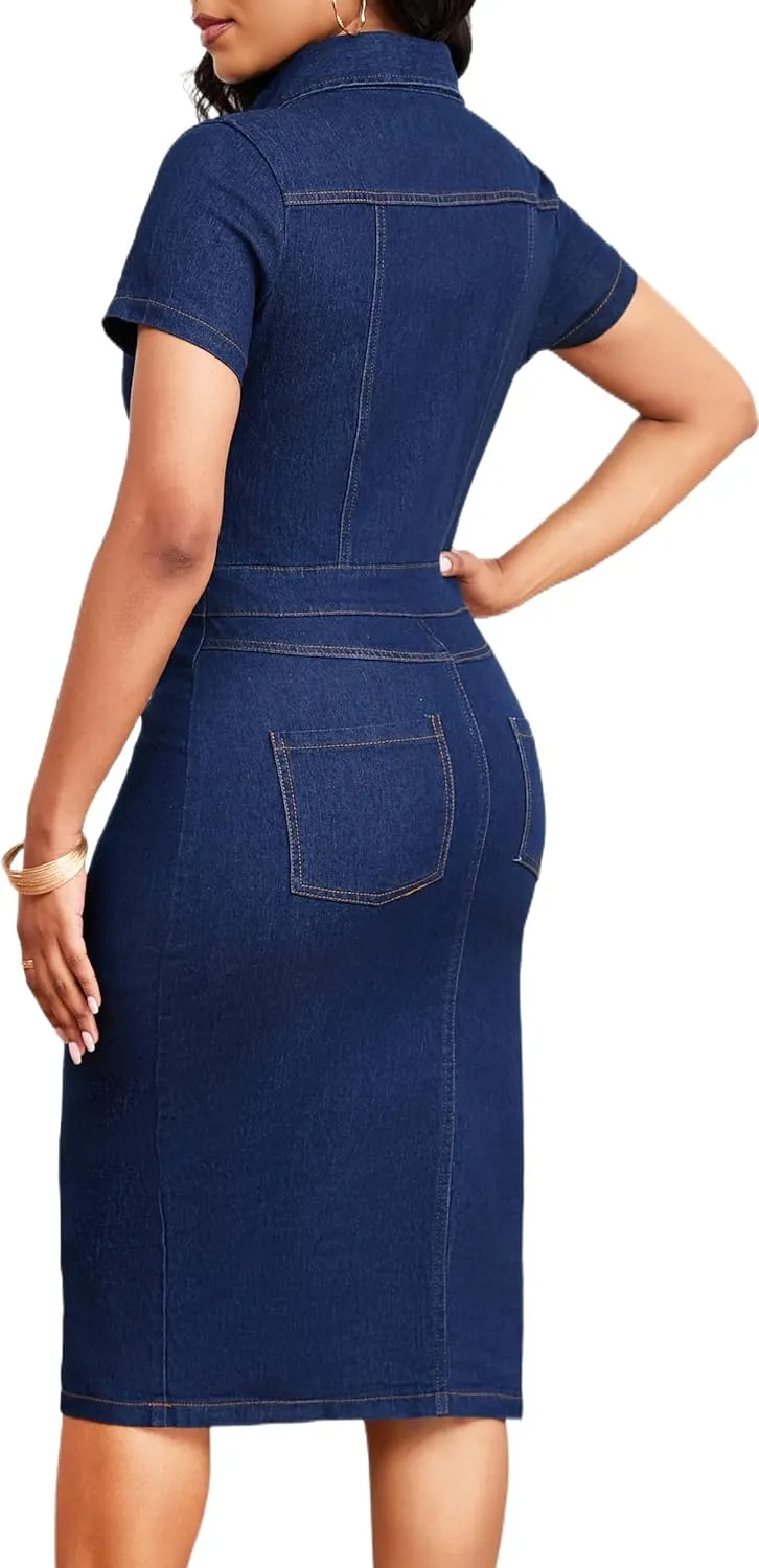 Denim Dress for Women Bodycon Sexy Short Sleeve Jean Split Workwear Dresses with Zipper Club Party Night