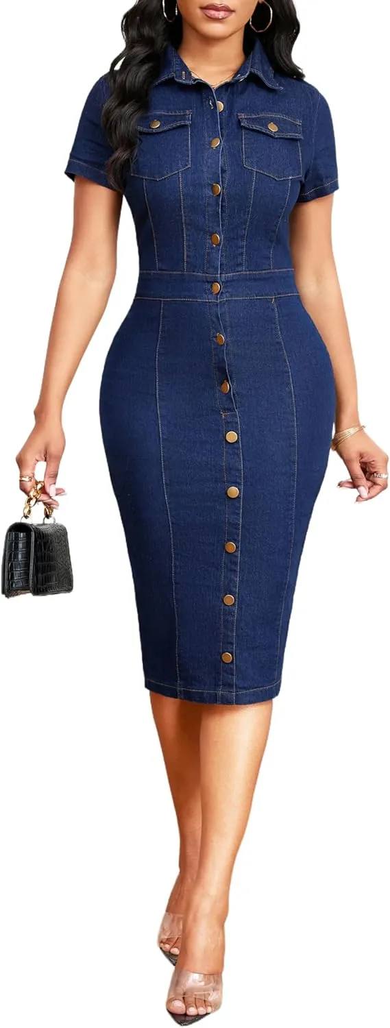 Denim Dress for Women Bodycon Sexy Short Sleeve Jean Split Workwear Dresses with Zipper Club Party Night