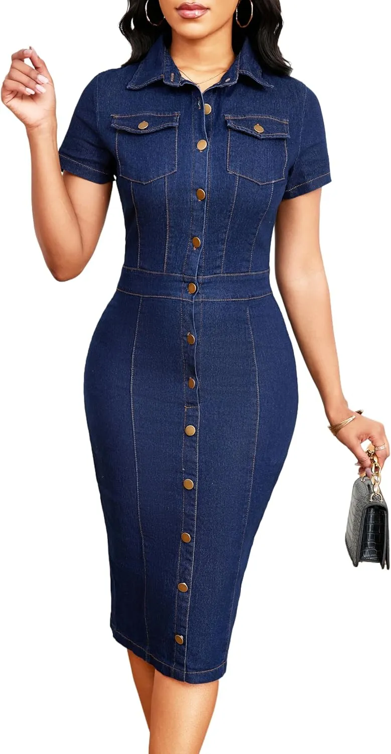 Denim Dress for Women Bodycon Sexy Short Sleeve Jean Split Workwear Dresses with Zipper Club Party Night