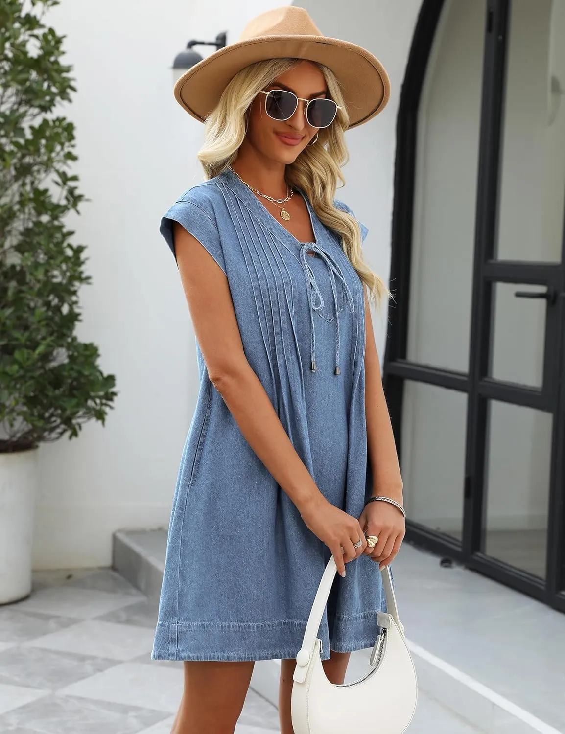 Denim Dress for Women,V Neck Jean Dresses Short Sleeves Denim Romper Dress with Pockets