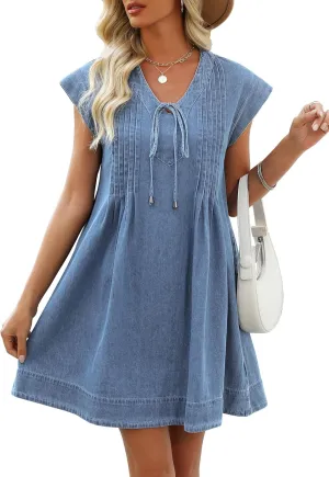 Denim Dress for Women,V Neck Jean Dresses Short Sleeves Denim Romper Dress with Pockets