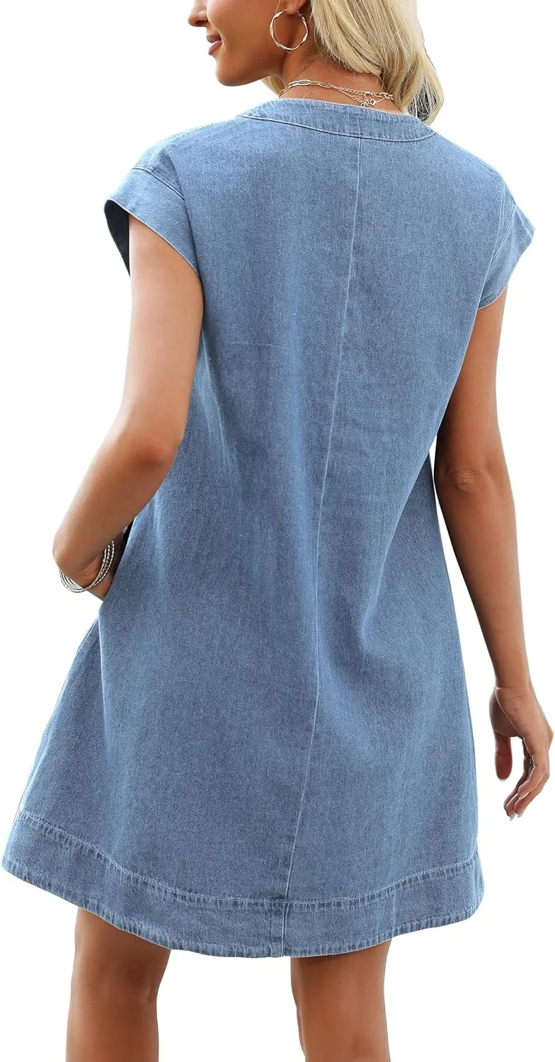 Denim Dress for Women,V Neck Jean Dresses Short Sleeves Denim Romper Dress with Pockets