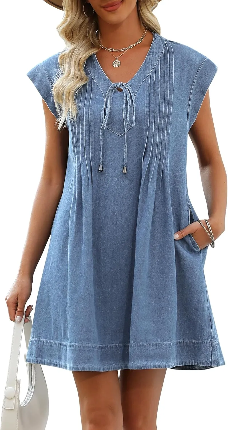 Denim Dress for Women,V Neck Jean Dresses Short Sleeves Denim Romper Dress with Pockets