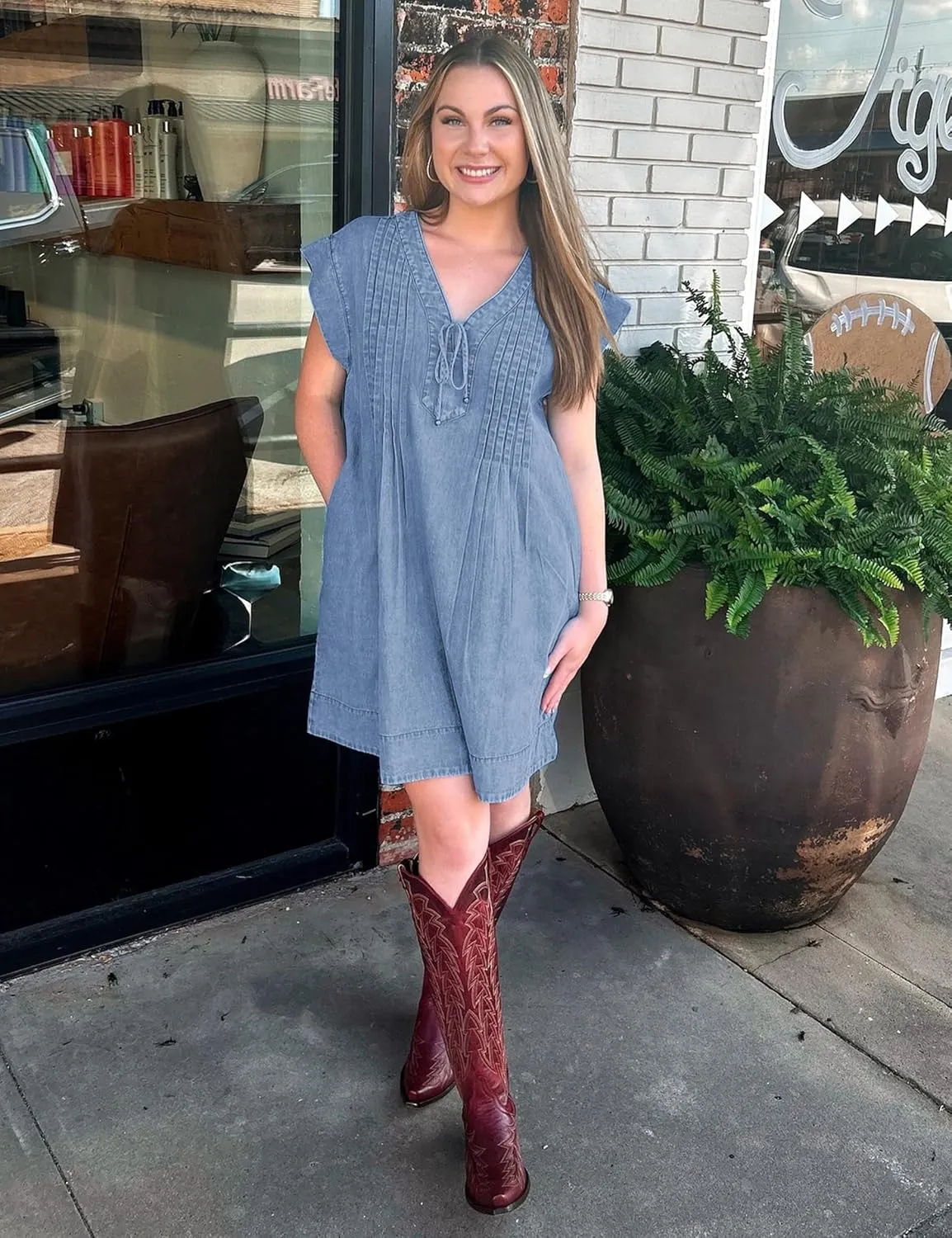 Denim Dress for Women,V Neck Jean Dresses Short Sleeves Denim Romper Dress with Pockets