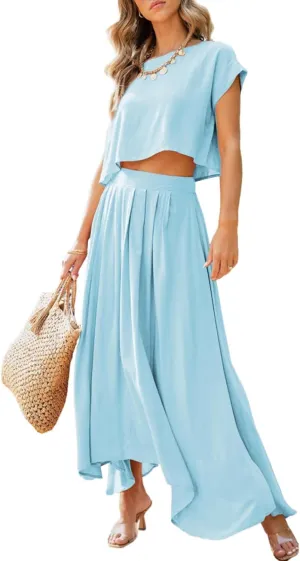 Dokotoo Dresses for Women 2 Piece Summer Outfits Crewneck Tops and Maxi Skirt Dress Sets