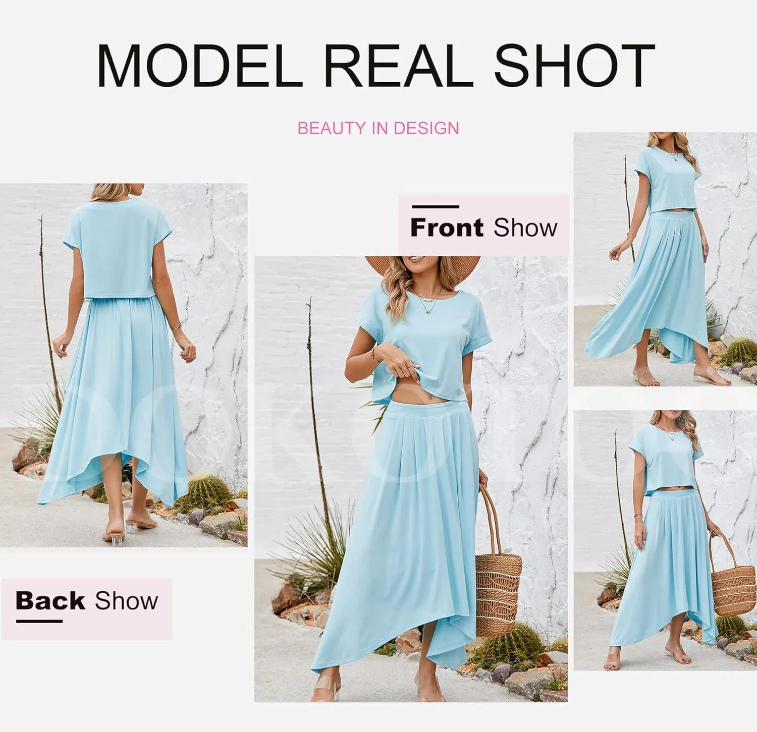 Dokotoo Dresses for Women 2 Piece Summer Outfits Crewneck Tops and Maxi Skirt Dress Sets