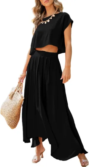 Dokotoo Dresses for Women 2 Piece Summer Outfits Crewneck Tops and Maxi Skirt Dress Sets