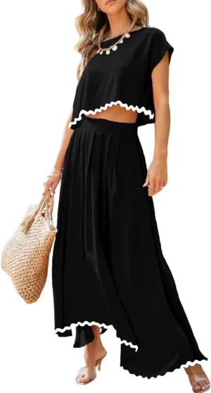 Dokotoo Dresses for Women 2 Piece Summer Outfits Crewneck Tops and Maxi Skirt Dress Sets