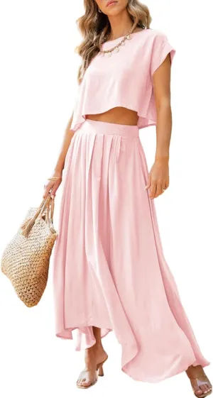 Dokotoo Dresses for Women 2 Piece Summer Outfits Crewneck Tops and Maxi Skirt Dress Sets