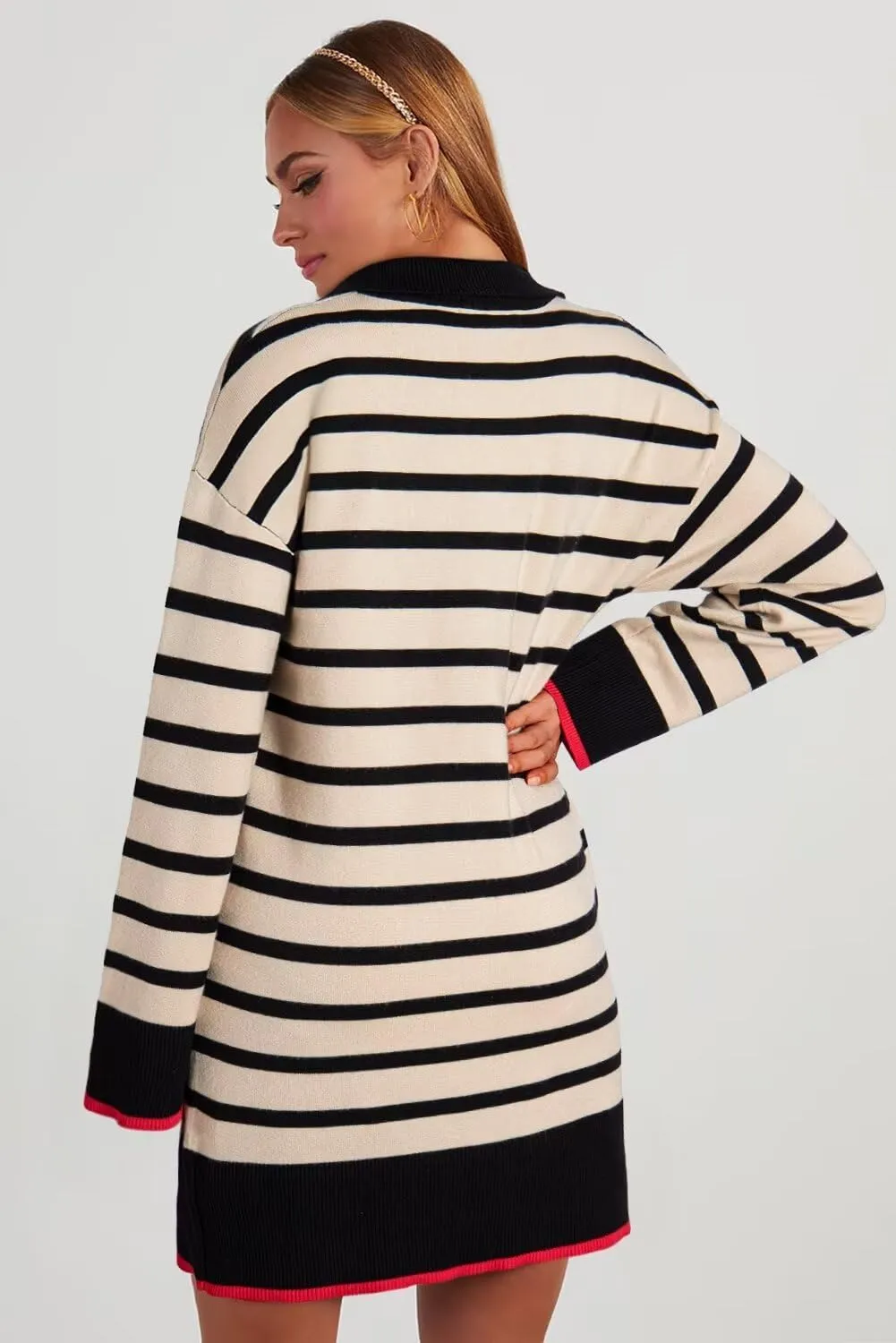 Dokotoo Women's Polo V Neck Sweater Dresses Fall Dresses for Women 2024 Long Sleeve Dress Casual Striped Mini Dress