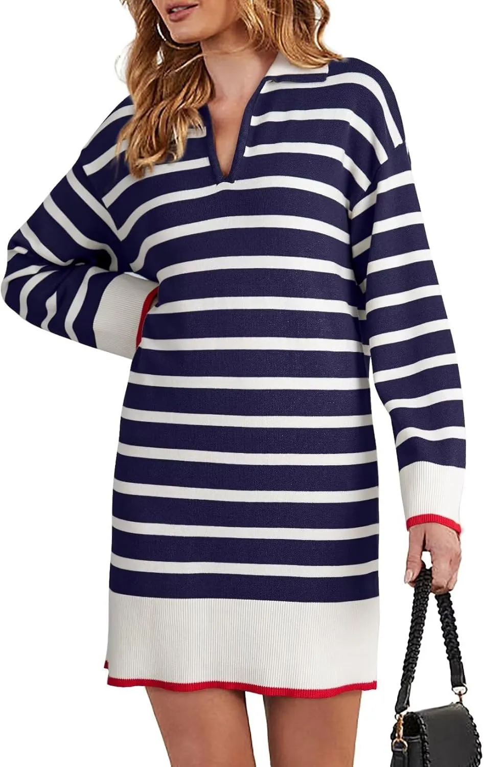 Dokotoo Women's Polo V Neck Sweater Dresses Fall Dresses for Women 2024 Long Sleeve Dress Casual Striped Mini Dress