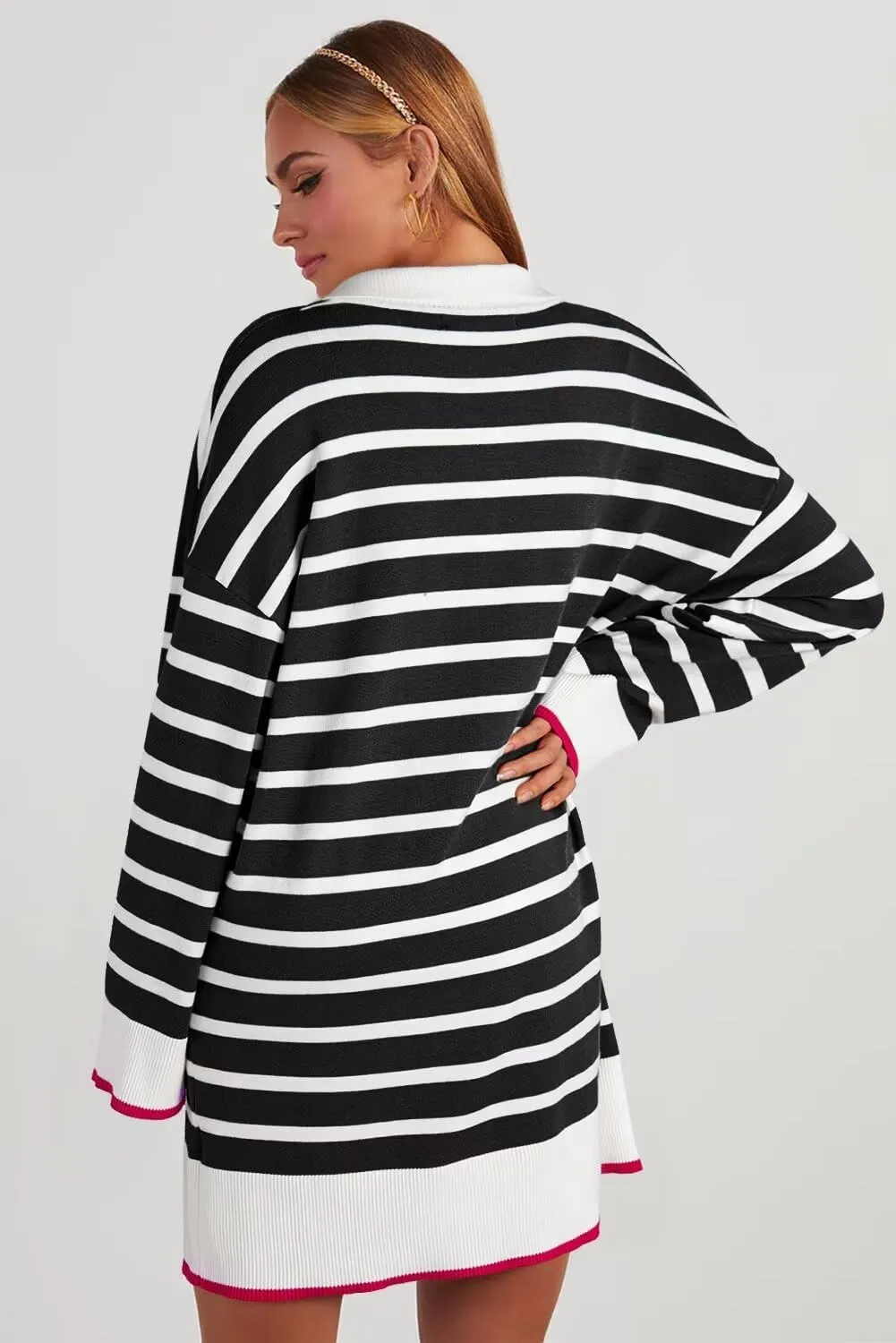 Dokotoo Women's Polo V Neck Sweater Dresses Fall Dresses for Women 2024 Long Sleeve Dress Casual Striped Mini Dress