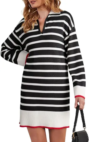 Dokotoo Women's Polo V Neck Sweater Dresses Fall Dresses for Women 2024 Long Sleeve Dress Casual Striped Mini Dress