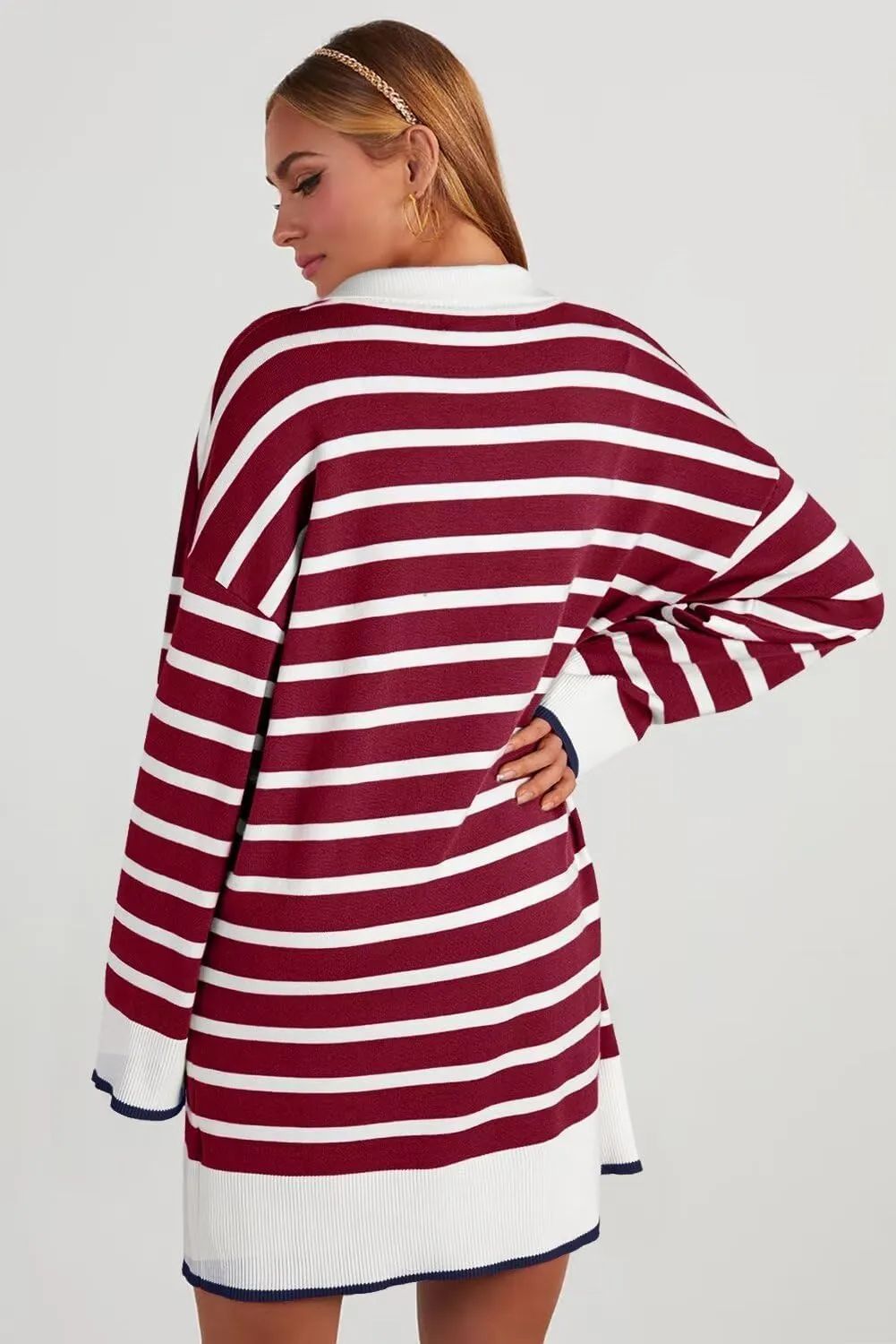 Dokotoo Women's Polo V Neck Sweater Dresses Fall Dresses for Women 2024 Long Sleeve Dress Casual Striped Mini Dress