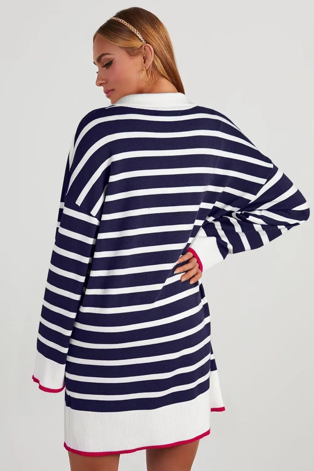 Dokotoo Women's Polo V Neck Sweater Dresses Fall Dresses for Women 2024 Long Sleeve Dress Casual Striped Mini Dress