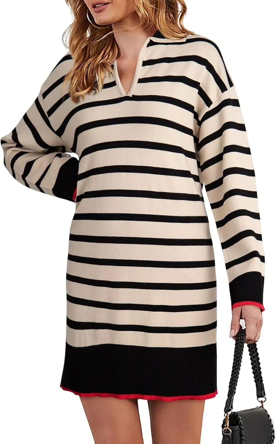 Dokotoo Women's Polo V Neck Sweater Dresses Fall Dresses for Women 2024 Long Sleeve Dress Casual Striped Mini Dress
