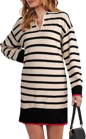 Dokotoo Women's Polo V Neck Sweater Dresses Fall Dresses for Women 2024 Long Sleeve Dress Casual Striped Mini Dress