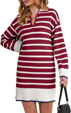 Dokotoo Women's Polo V Neck Sweater Dresses Fall Dresses for Women 2024 Long Sleeve Dress Casual Striped Mini Dress