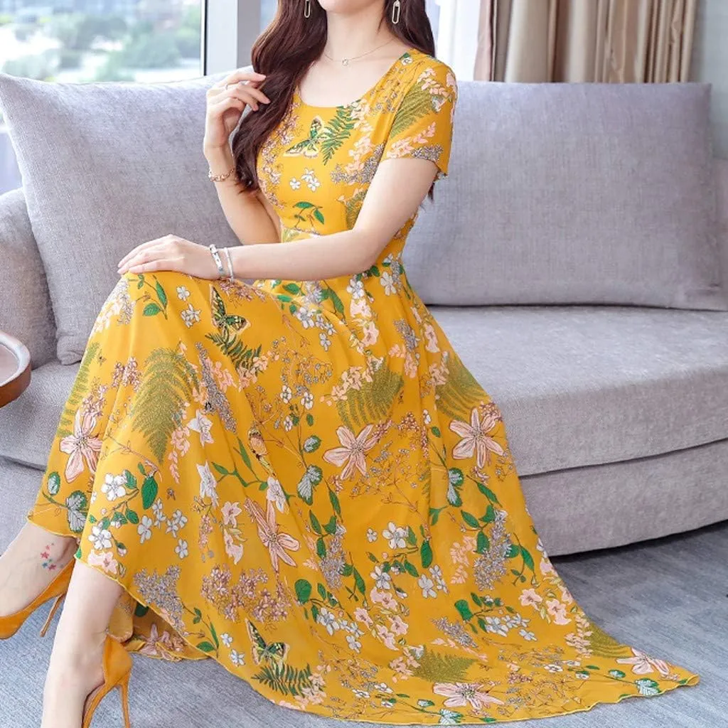 Dresses for Women 2024 Fashion Print Short Sleeve Summer Maxi Dress Casual Plus Size Long A Line Boho Beach Floral Midi Dress