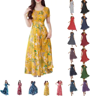 Dresses for Women 2024 Fashion Print Short Sleeve Summer Maxi Dress Casual Plus Size Long A Line Boho Beach Floral Midi Dress