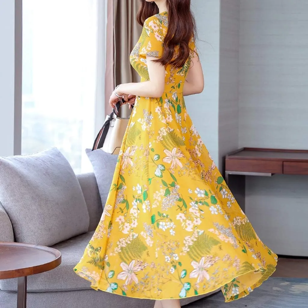 Dresses for Women 2024 Fashion Print Short Sleeve Summer Maxi Dress Casual Plus Size Long A Line Boho Beach Floral Midi Dress