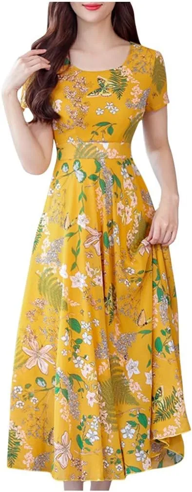 Dresses for Women 2024 Fashion Print Short Sleeve Summer Maxi Dress Casual Plus Size Long A Line Boho Beach Floral Midi Dress