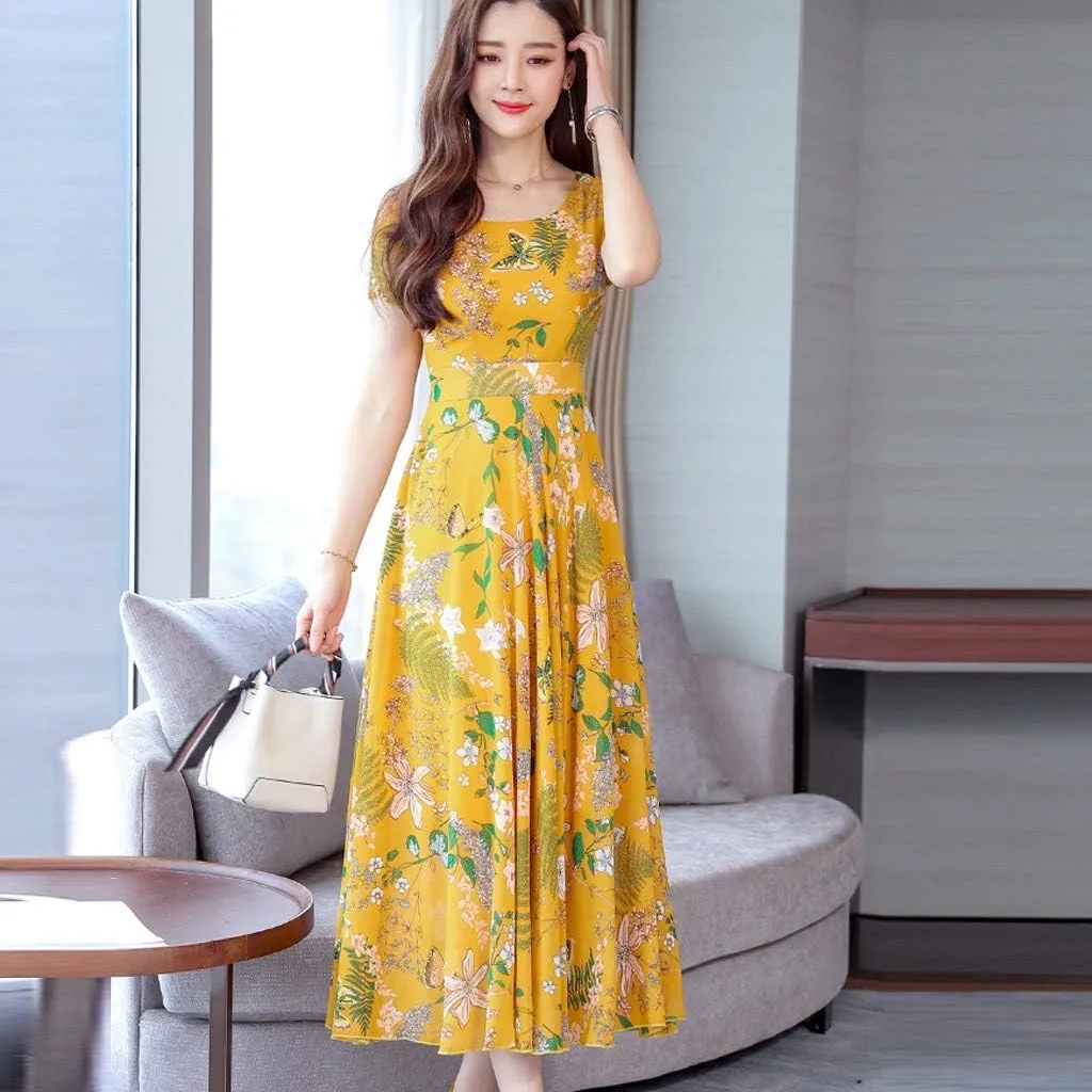 Dresses for Women 2024 Fashion Print Short Sleeve Summer Maxi Dress Casual Plus Size Long A Line Boho Beach Floral Midi Dress