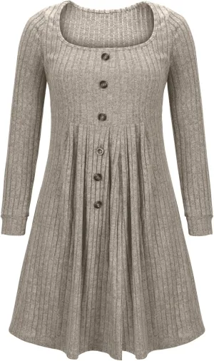 Dresses for Women 2024 Long Sleeve V Neck Knitted Button Down Elastic Waist Ruffle Mini Dress A-line Cute Mini Short Dresses