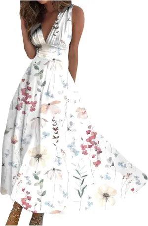 Dresses for Women 2024 Sleeveless Wrap V Neck Beach Dresses Flowy Ruched Floral Print Maxi Dress Flowy Boho Dress