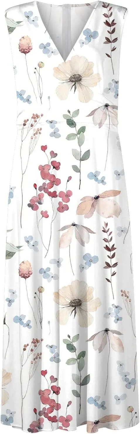 Dresses for Women 2024 Sleeveless Wrap V Neck Beach Dresses Flowy Ruched Floral Print Maxi Dress Flowy Boho Dress