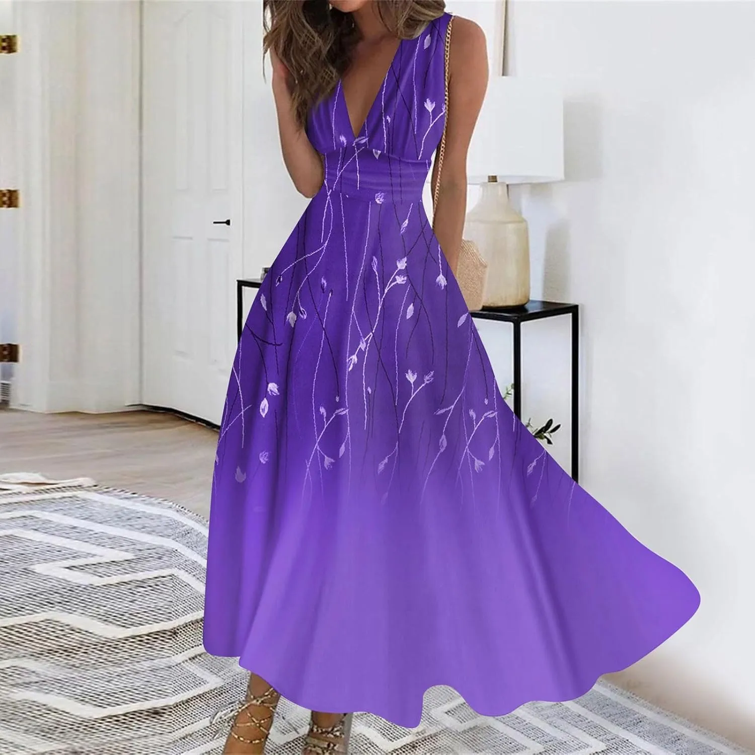 Dresses for Women 2025 Elegant Floral Print Long Dresses Sleeveless Wrap V Neck Beach Dress Flowy Swing Sundresses