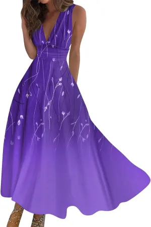 Dresses for Women 2025 Elegant Floral Print Long Dresses Sleeveless Wrap V Neck Beach Dress Flowy Swing Sundresses