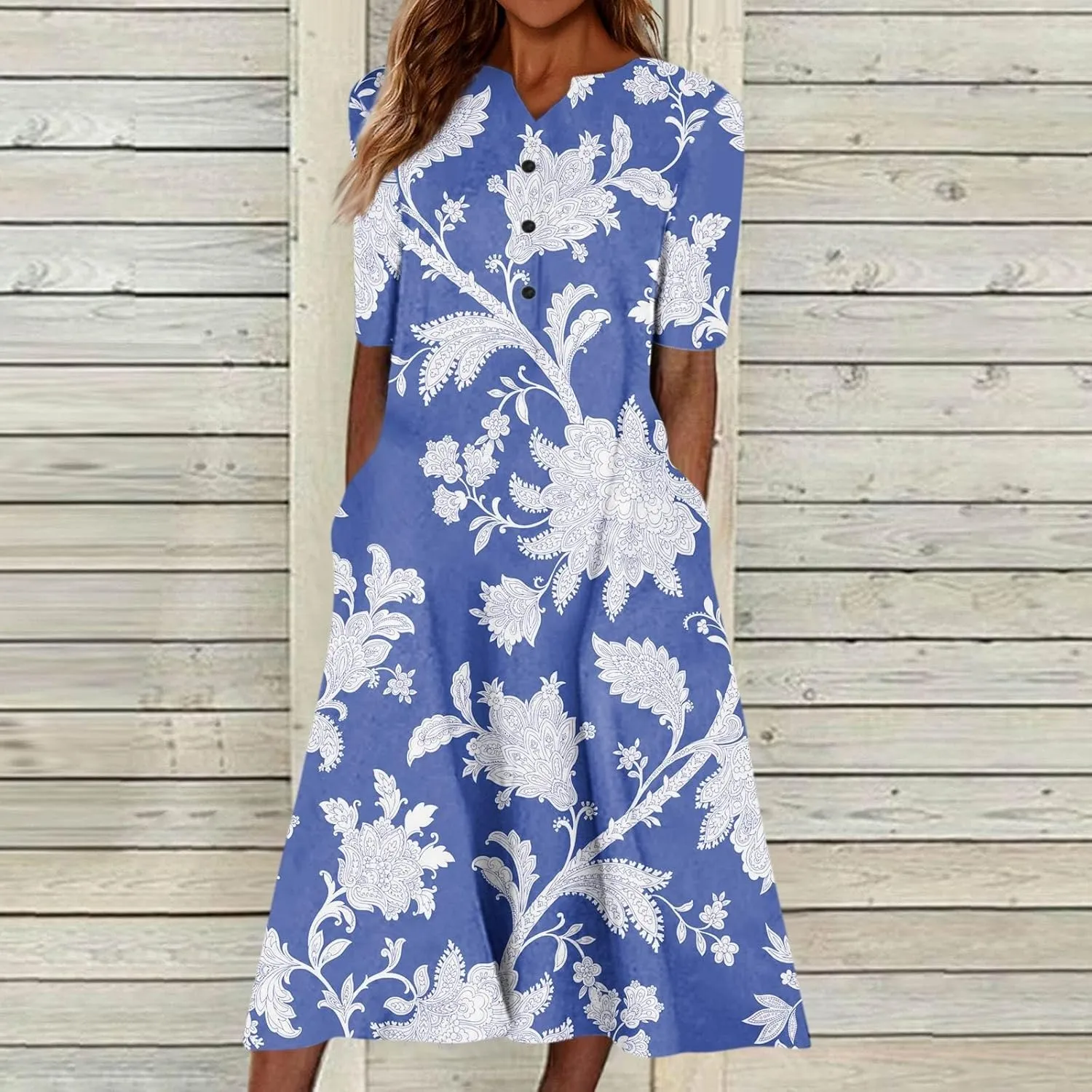 Dresses for Women 2025 V Neck Half Sleeve Dresses Floral Printed Pocket Long Dress Button Down Comfy Maxi Dress