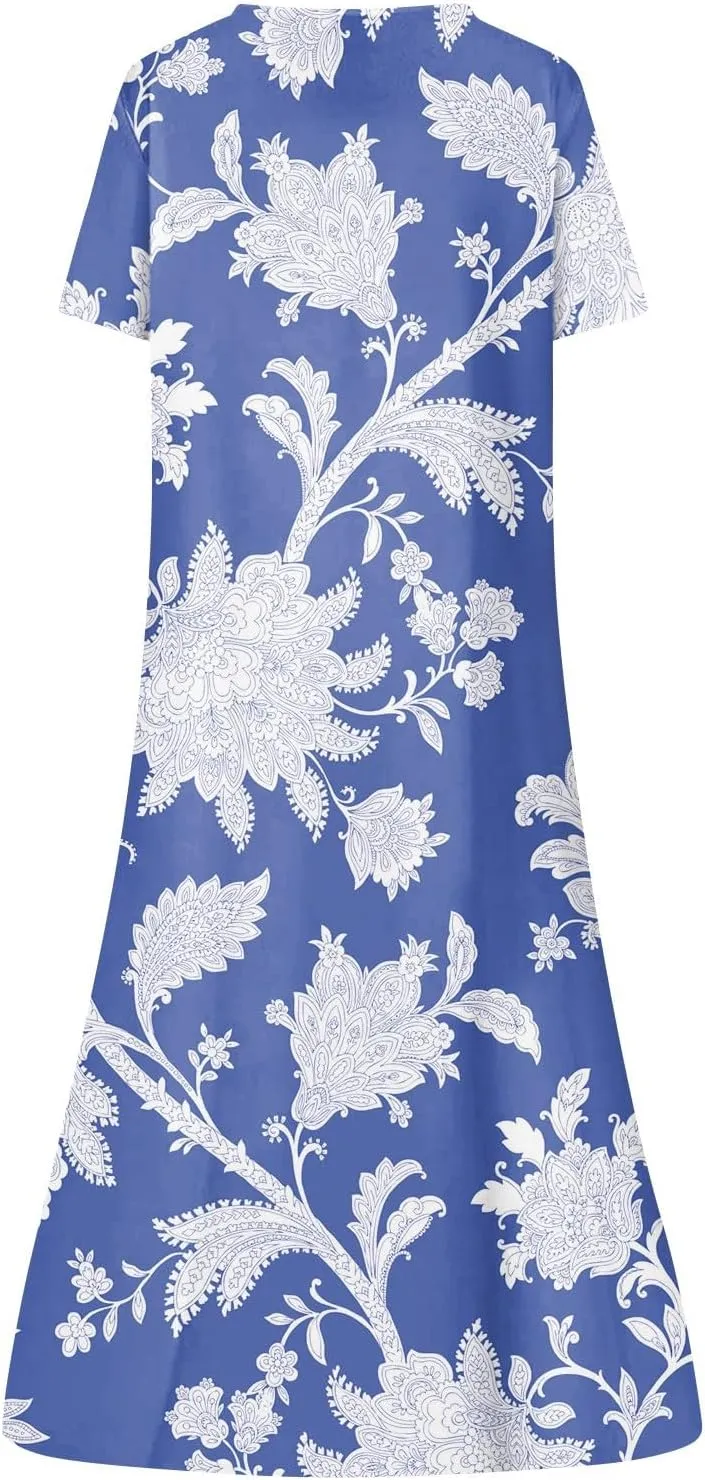 Dresses for Women 2025 V Neck Half Sleeve Dresses Floral Printed Pocket Long Dress Button Down Comfy Maxi Dress