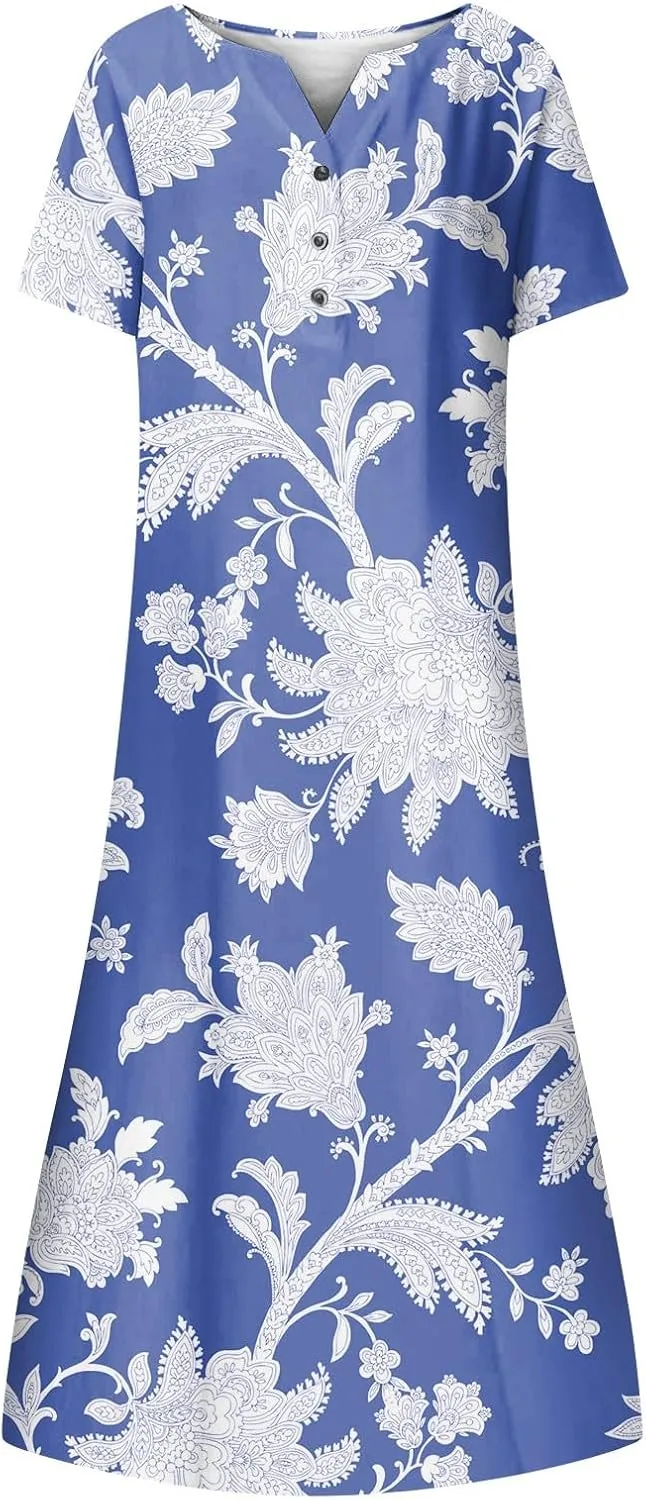 Dresses for Women 2025 V Neck Half Sleeve Dresses Floral Printed Pocket Long Dress Button Down Comfy Maxi Dress