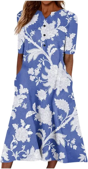 Dresses for Women 2025 V Neck Half Sleeve Dresses Floral Printed Pocket Long Dress Button Down Comfy Maxi Dress