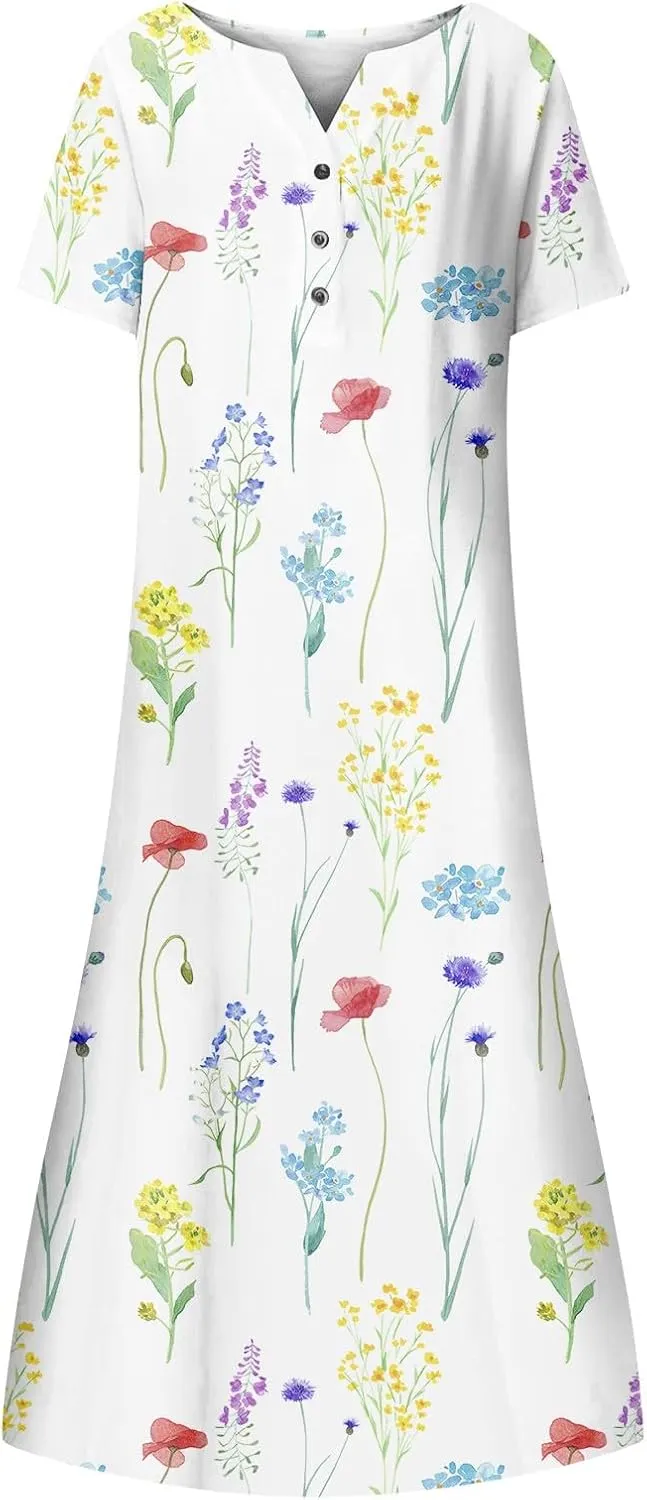 Dresses for Women 2025 V Neck Half Sleeve Dresses Floral Printed Pocket Long Dress Button Down Comfy Maxi Dress