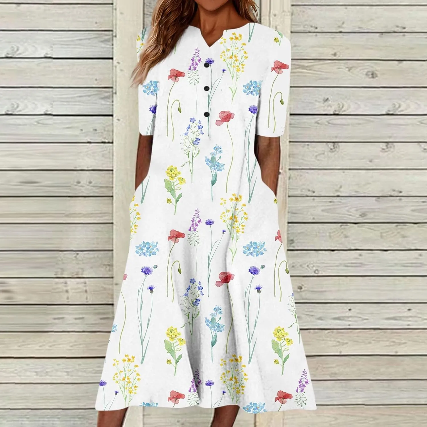 Dresses for Women 2025 V Neck Half Sleeve Dresses Floral Printed Pocket Long Dress Button Down Comfy Maxi Dress