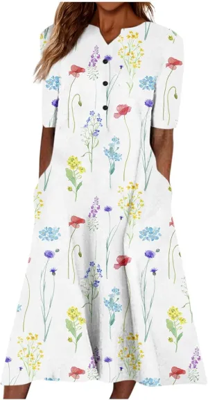 Dresses for Women 2025 V Neck Half Sleeve Dresses Floral Printed Pocket Long Dress Button Down Comfy Maxi Dress