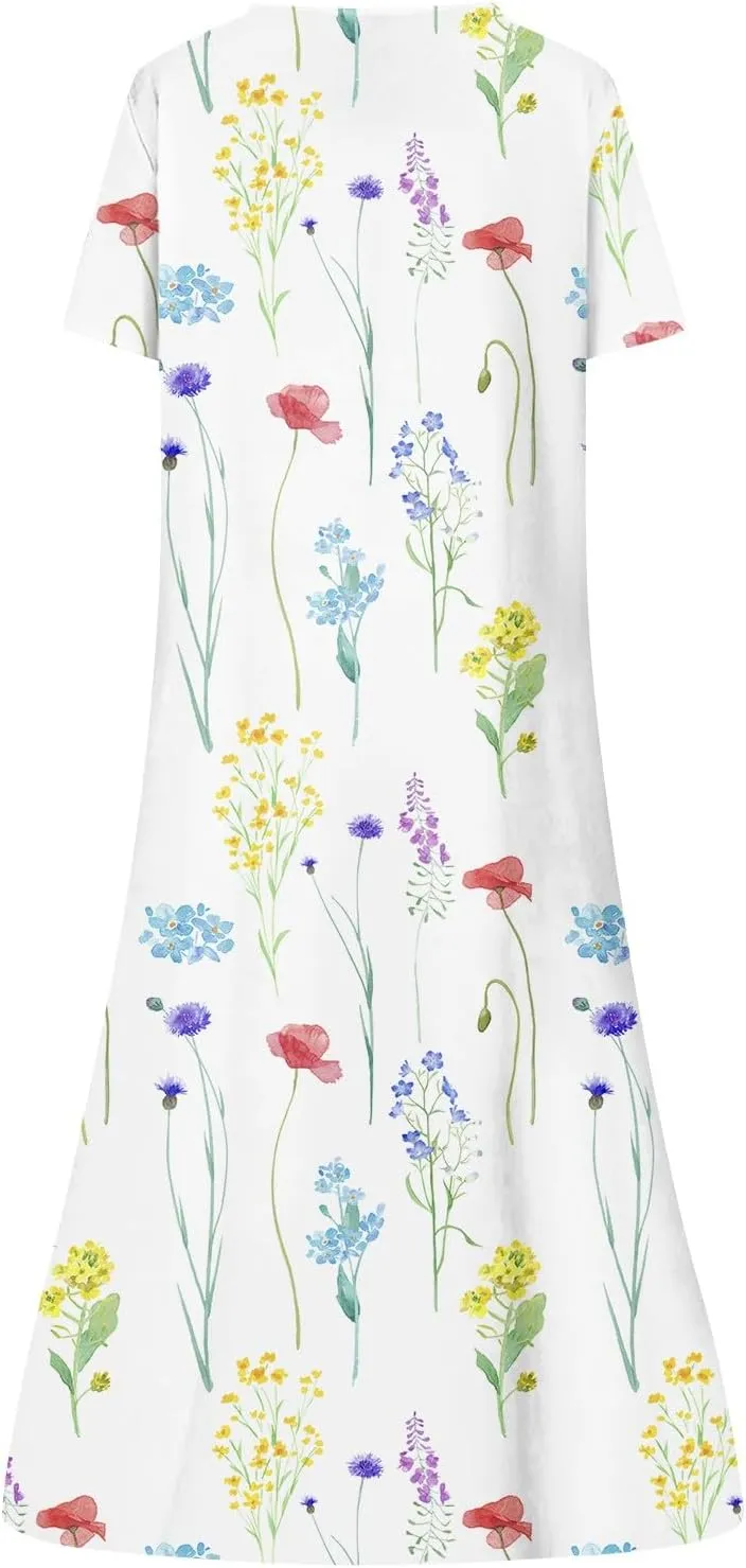 Dresses for Women 2025 V Neck Half Sleeve Dresses Floral Printed Pocket Long Dress Button Down Comfy Maxi Dress
