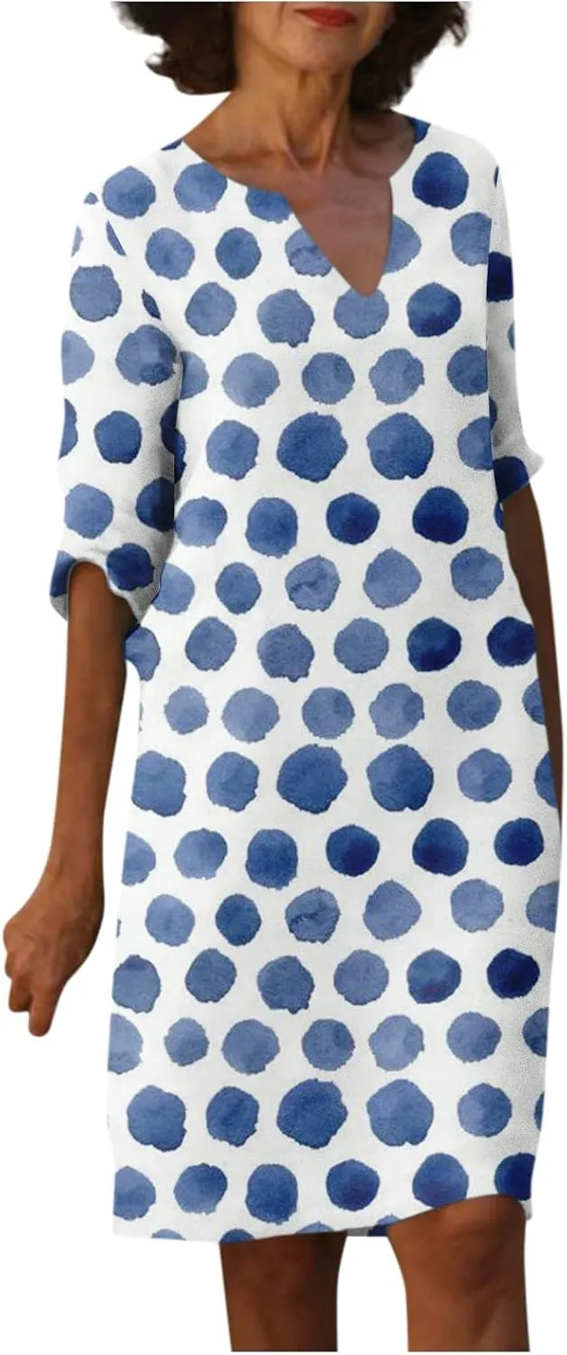 Dresses for Women Fashion Summer Polka Dot Printed Dresses Casual Comfy V-Neck Half Sleeve Fitted Dresses