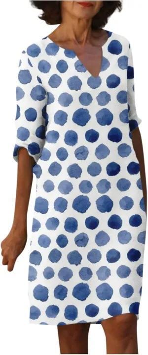 Dresses for Women Fashion Summer Polka Dot Printed Dresses Casual Comfy V-Neck Half Sleeve Fitted Dresses