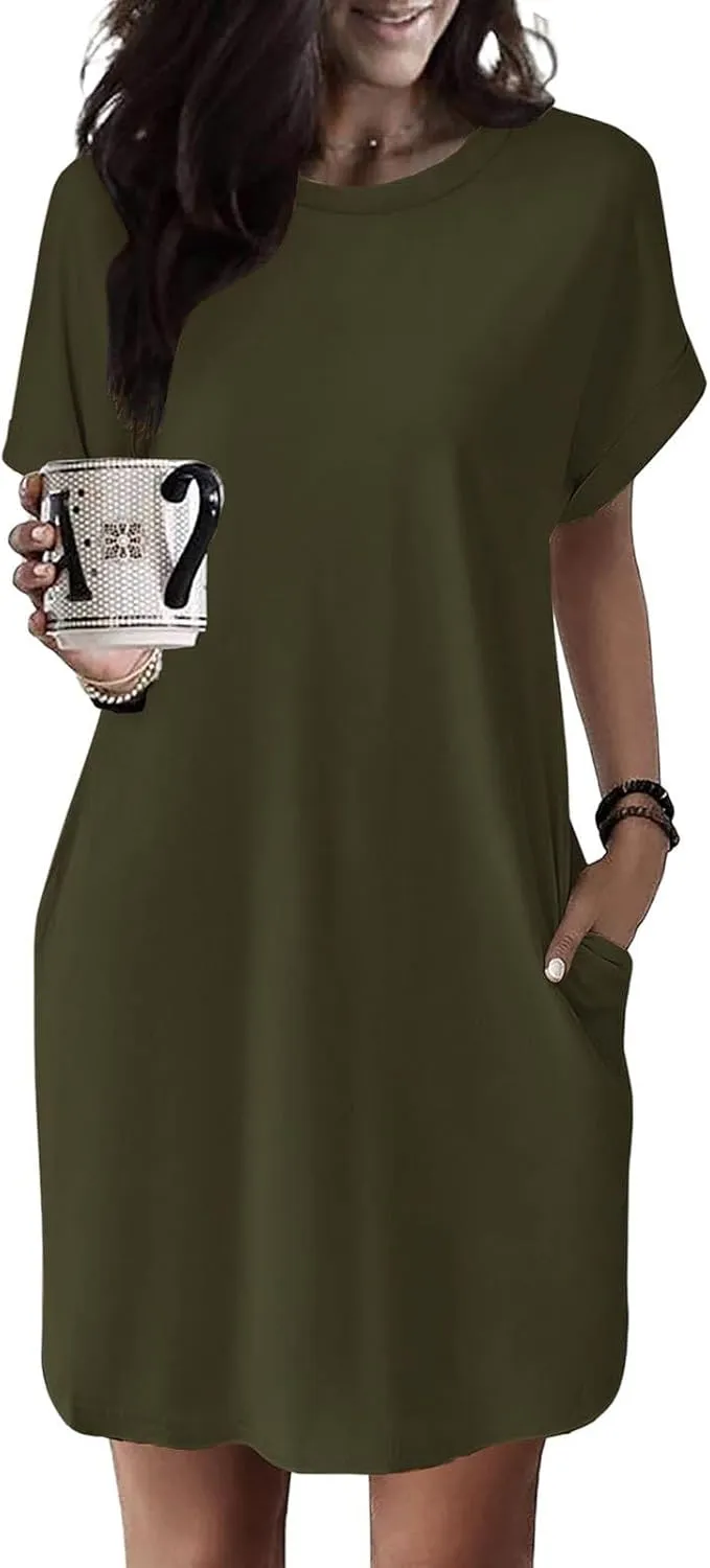 Dresses for Women Summer Batwing Sleeve Crew Neck Mini Dress Solid Color Casual Dressy Sundress Loose Fit Dresses