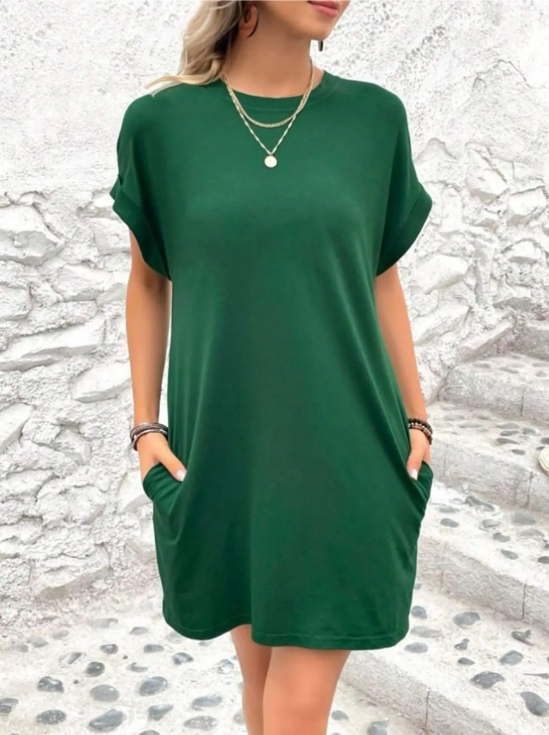 Dresses for Women Summer Batwing Sleeve Crew Neck Mini Dress Solid Color Casual Dressy Sundress Loose Fit Dresses