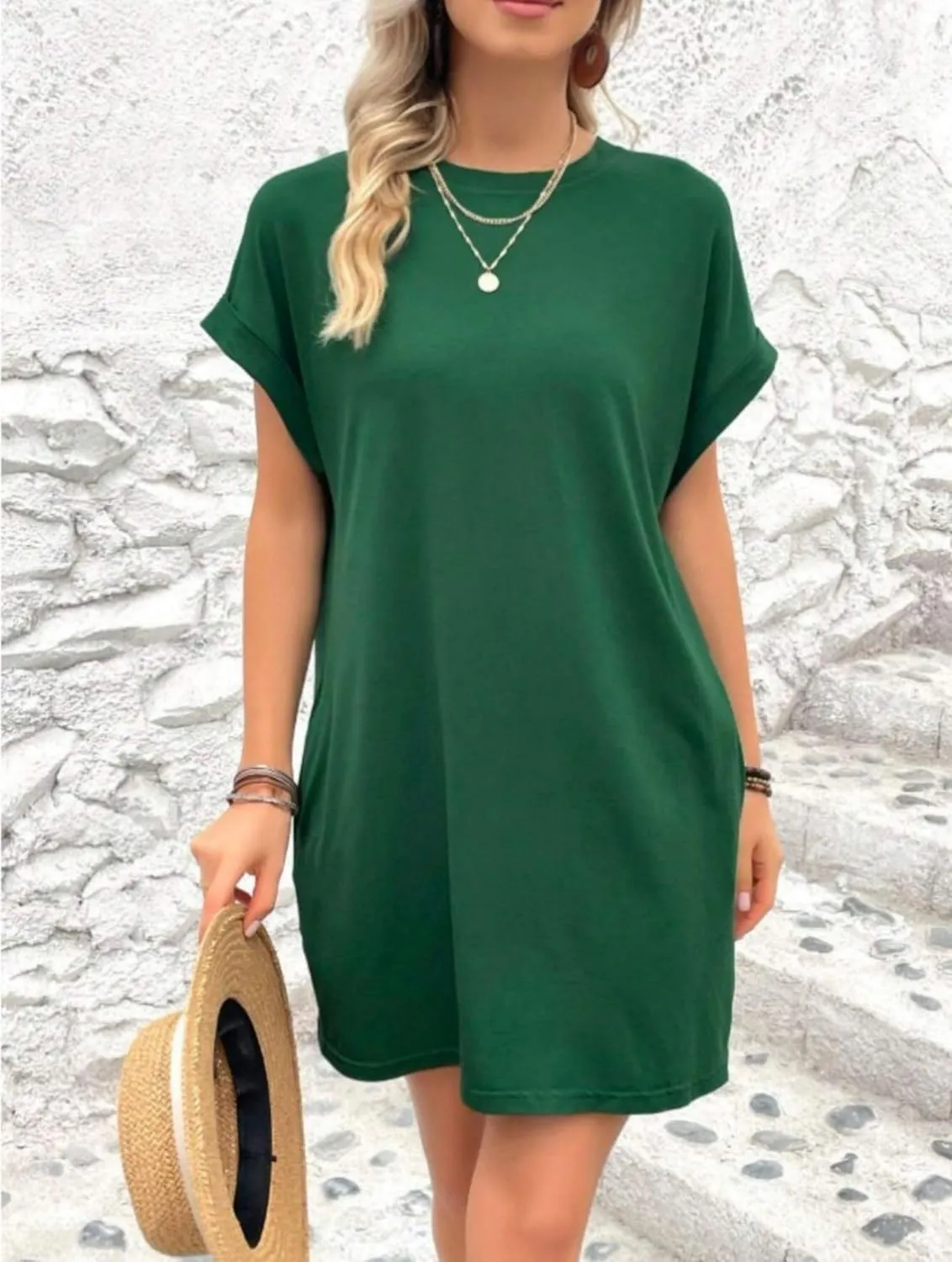 Dresses for Women Summer Batwing Sleeve Crew Neck Mini Dress Solid Color Casual Dressy Sundress Loose Fit Dresses