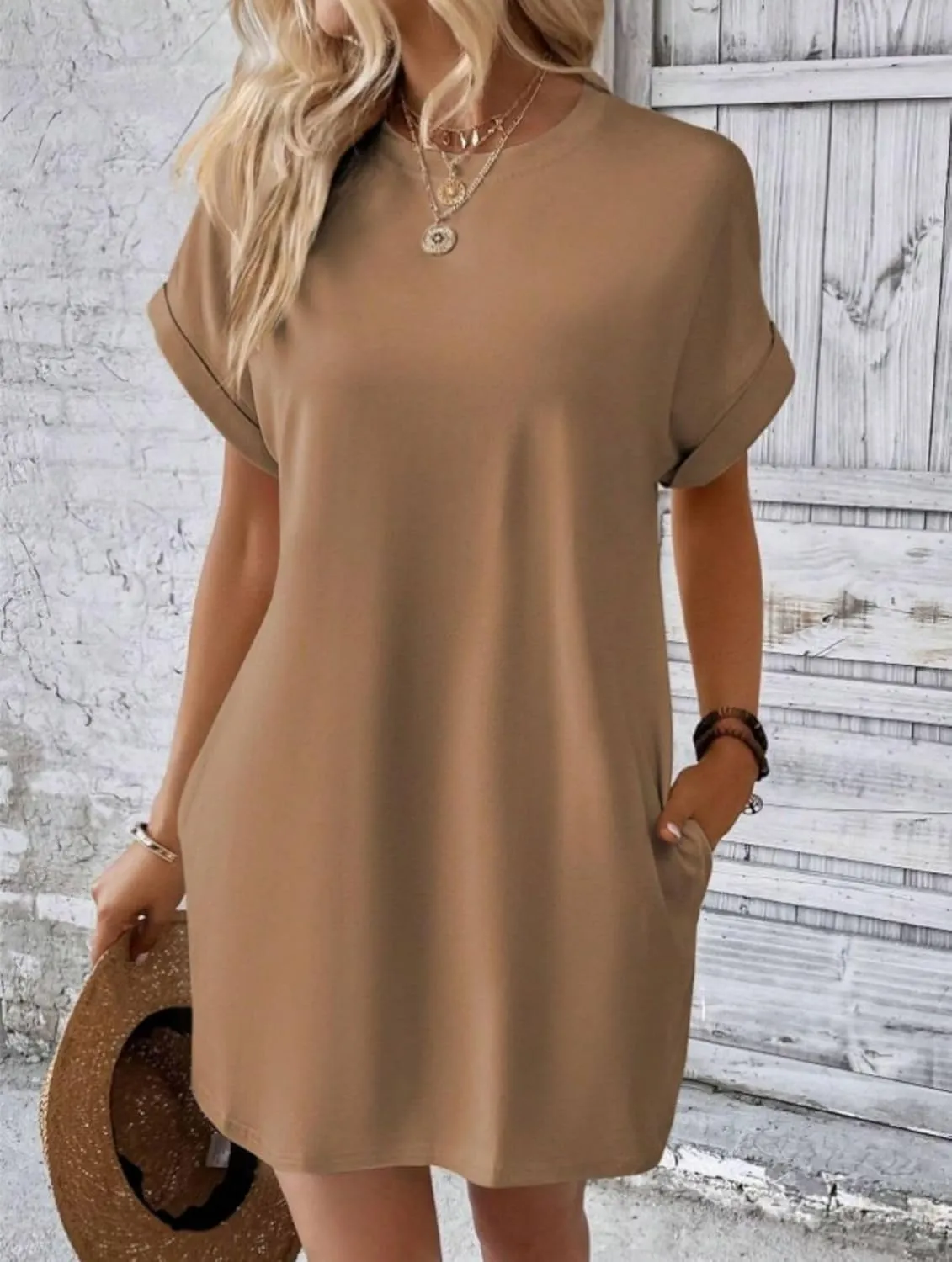 Dresses for Women Summer Batwing Sleeve Crew Neck Mini Dress Solid Color Casual Dressy Sundress Loose Fit Dresses