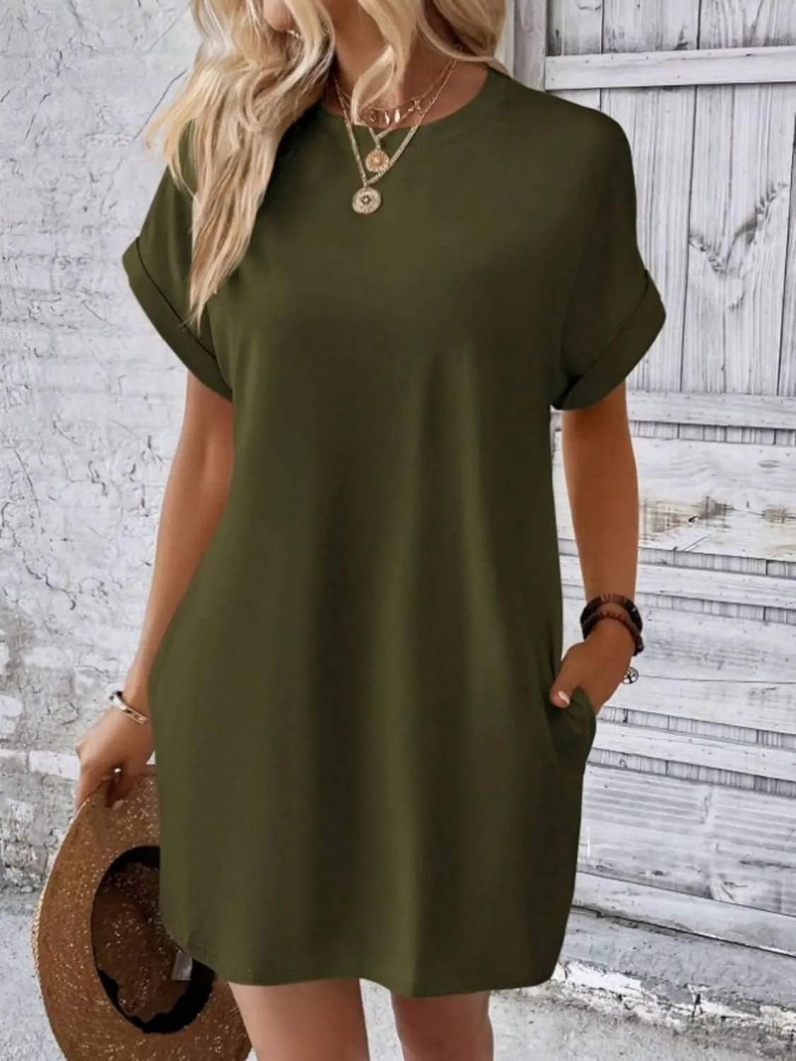 Dresses for Women Summer Batwing Sleeve Crew Neck Mini Dress Solid Color Casual Dressy Sundress Loose Fit Dresses