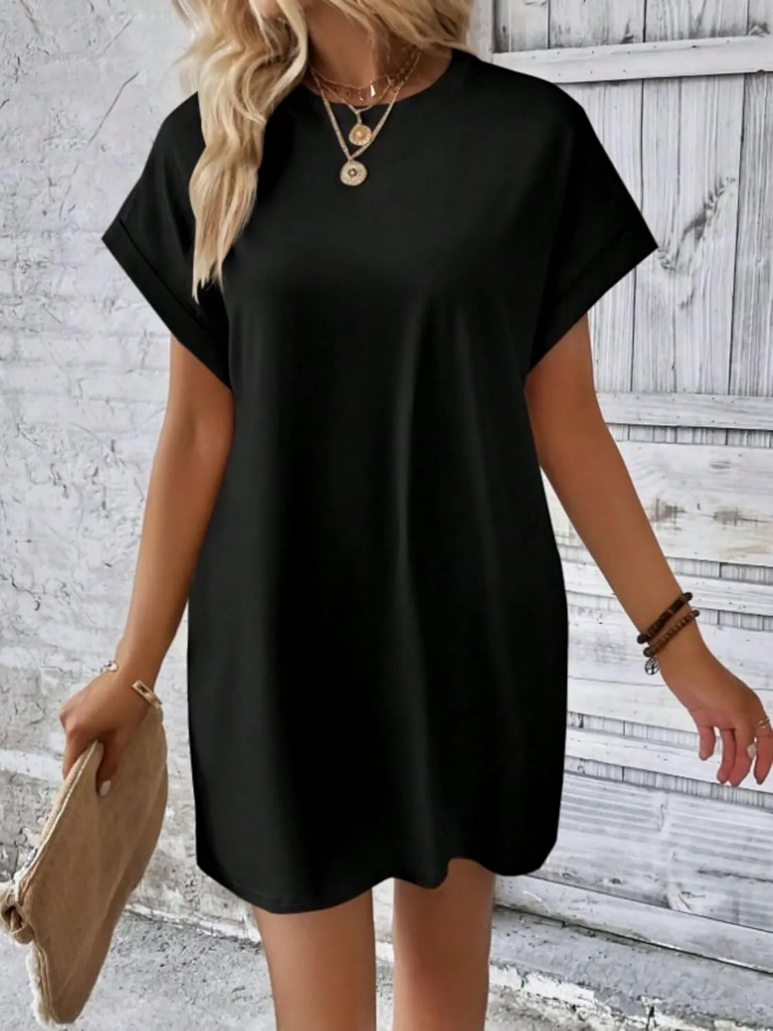 Dresses for Women Summer Batwing Sleeve Crew Neck Mini Dress Solid Color Casual Dressy Sundress Loose Fit Dresses
